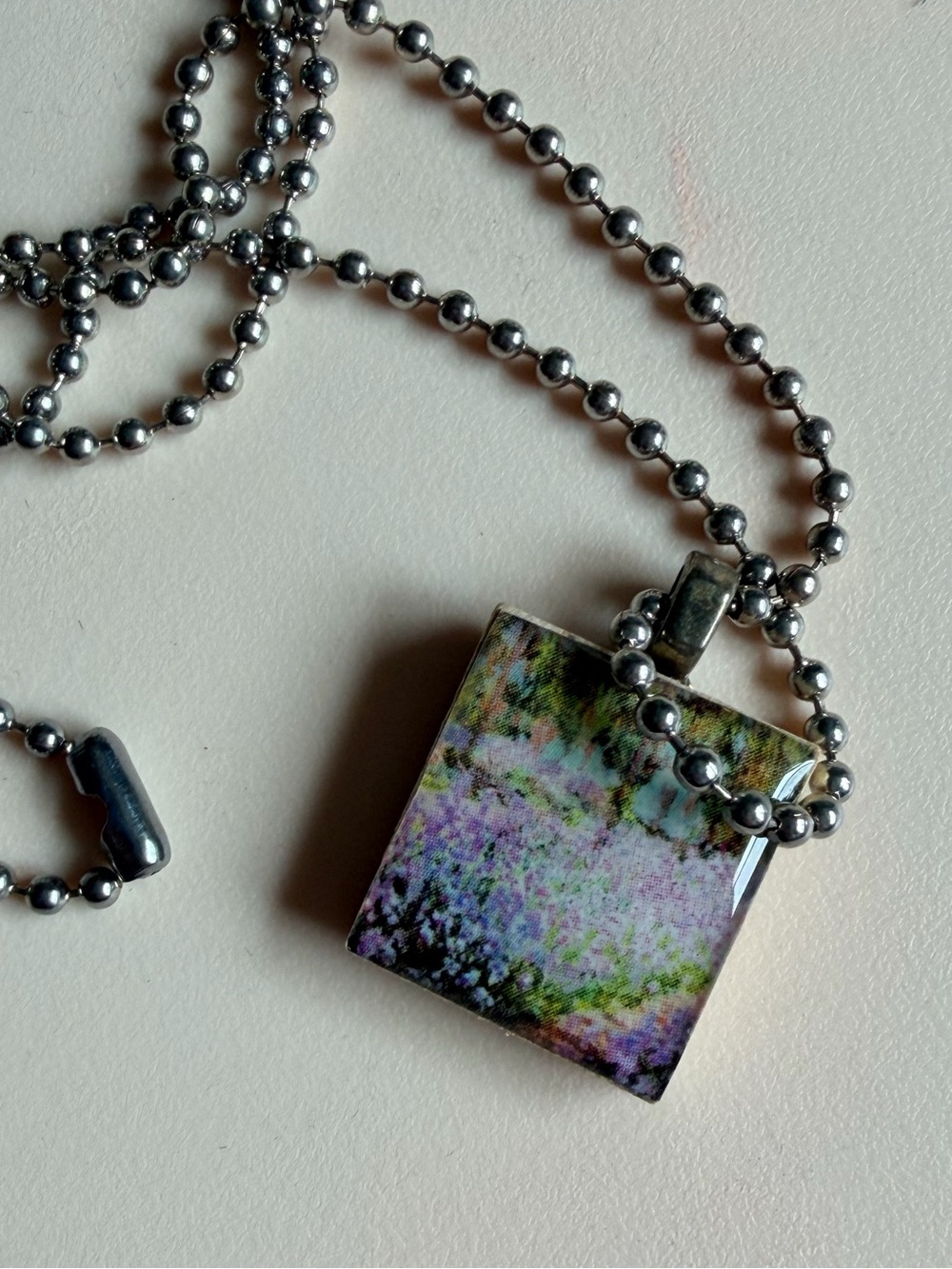 Square Floral Art Glass Pendant Necklace in Purple and Green